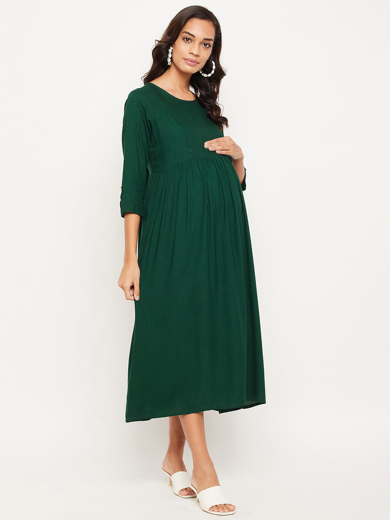 Bottle Green Solid Maternity Dress for Women