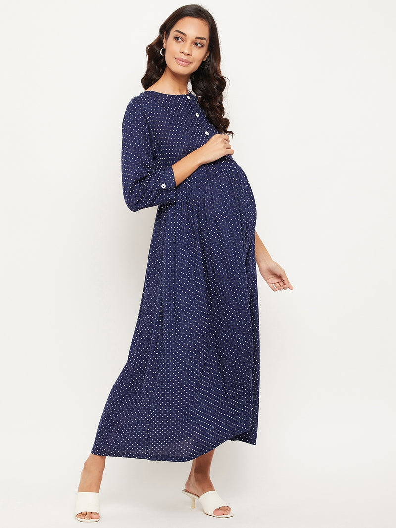 Blue Printed Polka Maternity Dress for Women