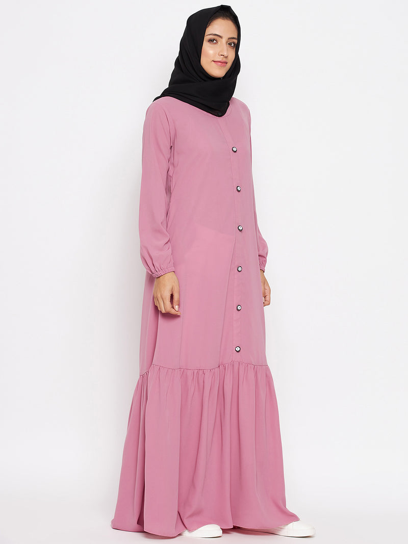 Nabia Women Fuse Pink Solid Frill Abaya With Georgette Scarf