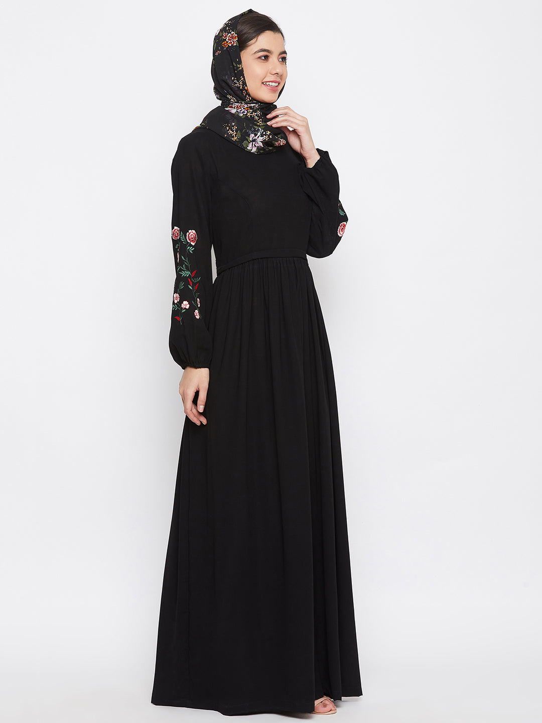Nabia Women Black Chikan Hand Embroidery Design  Abaya With Georgette Scarf