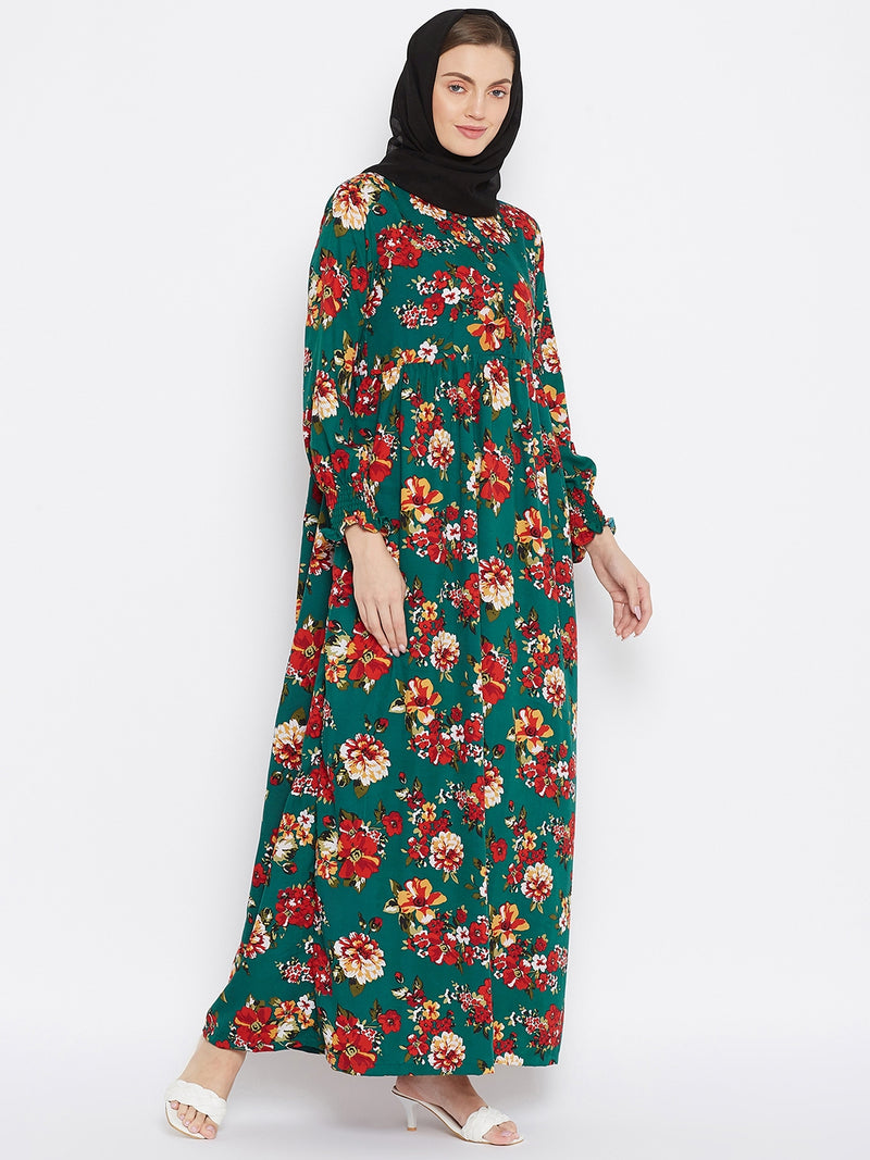 Nabia Women Bottle Green Floral Printed Crepe Abaya Dress With Georgette Scarf