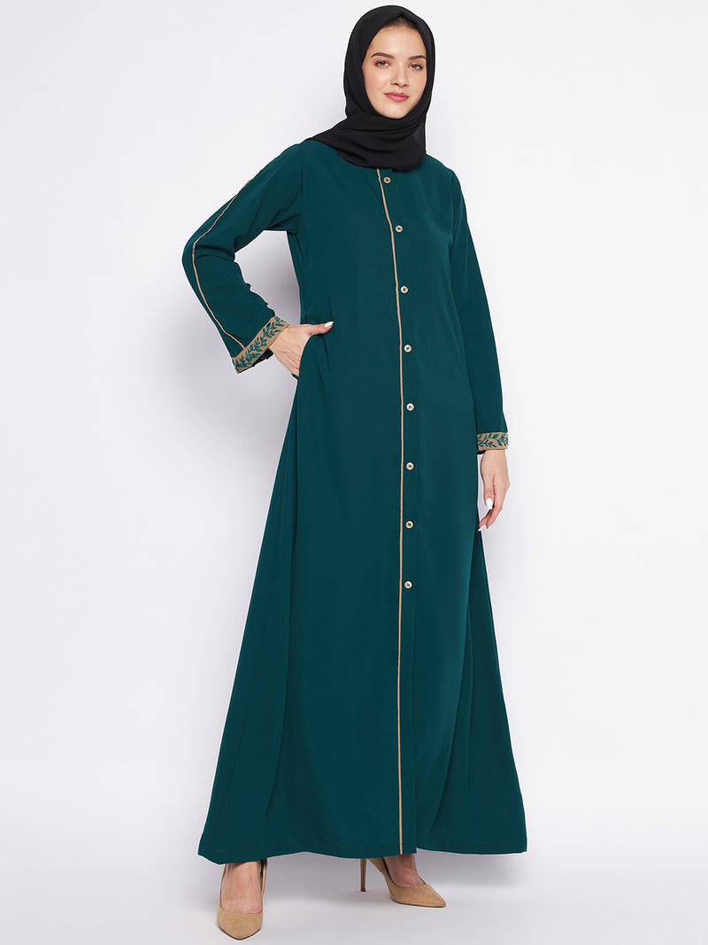 Nabia Bottle Green Nida Matte Fabric Front Open Abaya For Women With Georgette Scarf