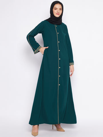 Nabia Bottle Green Front Open Abaya For Women With Georgette Scarf