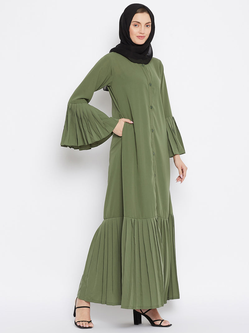 Nabia Women Jate Green Solid Nida Plated Front Open Abaya With Georgette Scarf