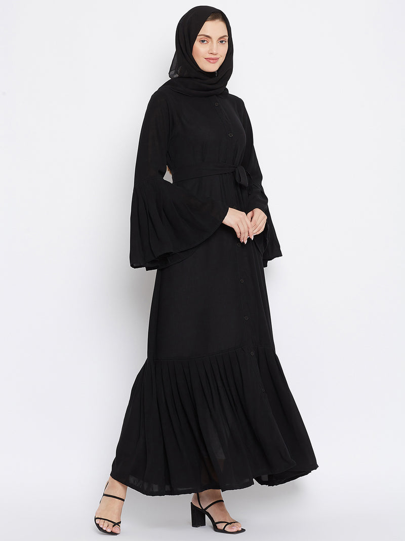 Nabia Women Black Solid Nida Plated Front Open Abaya With Georgette Scarf