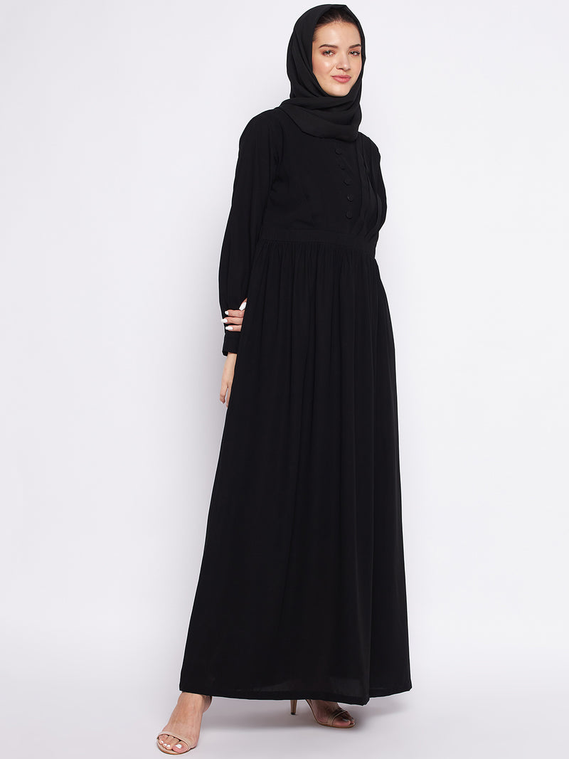 Nabia Black Solid Nida Matte Fabric Abaya For Women With Georgette Scarf