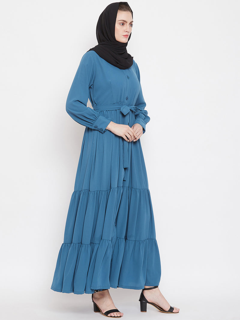 Nabia Women Sky Blue Solid Front Open Three Frilled Abaya  With Georgette Scarf