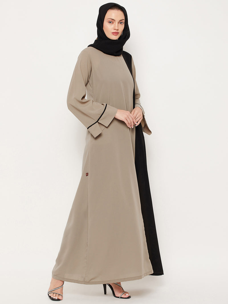 Nabia Beige & Black Nida Matte Fabric Abaya For Women With Georgette Scarf