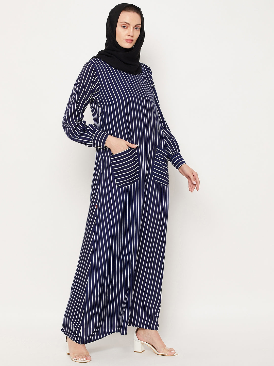 Nabia Blue Striped Women Abaya with Georgette Scarf