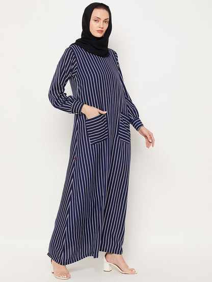 Nabia Blue Striped Women Abaya with Georgette Scarf