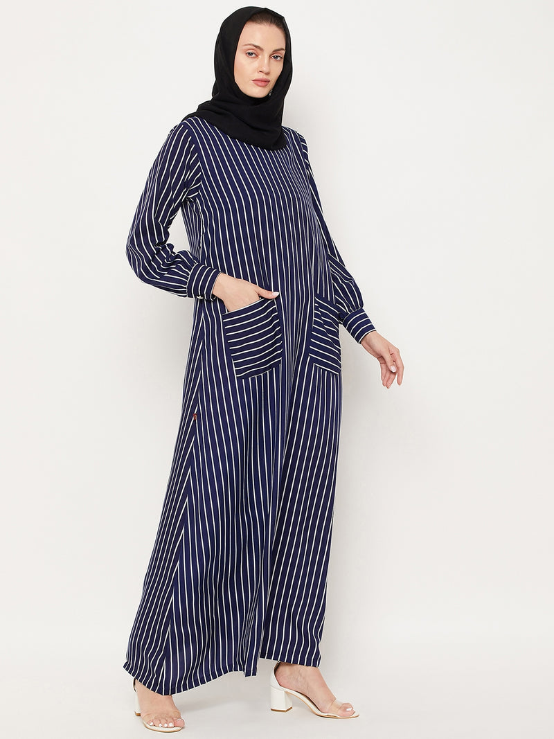 Nabia Blue Striped Crape Women Abaya With Georgette Scarf