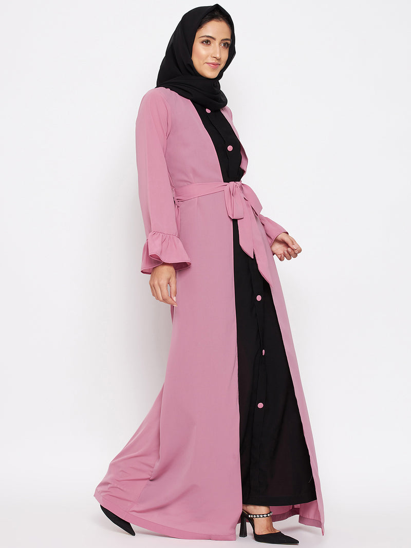 Nabia Women Fuse Pink & Black  Solid Two Color Combination Bell Sleeves Abaya With Georgette Scarf
