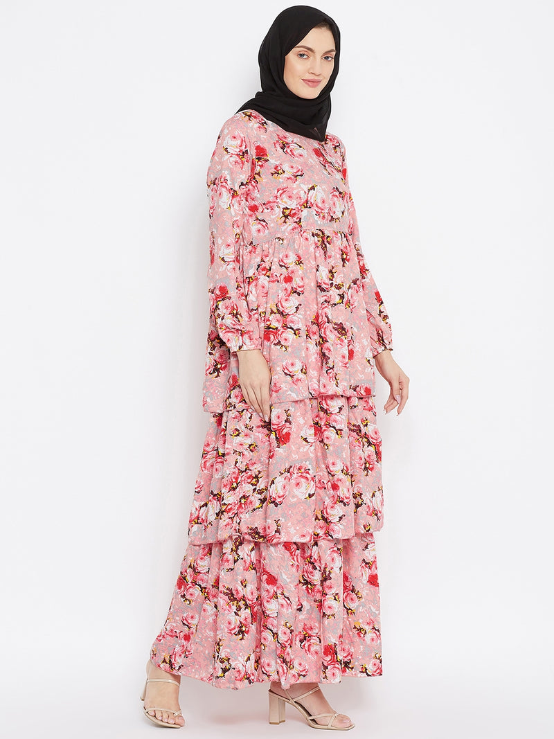 Nabia Women Pink Floral Printed Crepe Three Frill Abaya Dress With Georgette Scarf