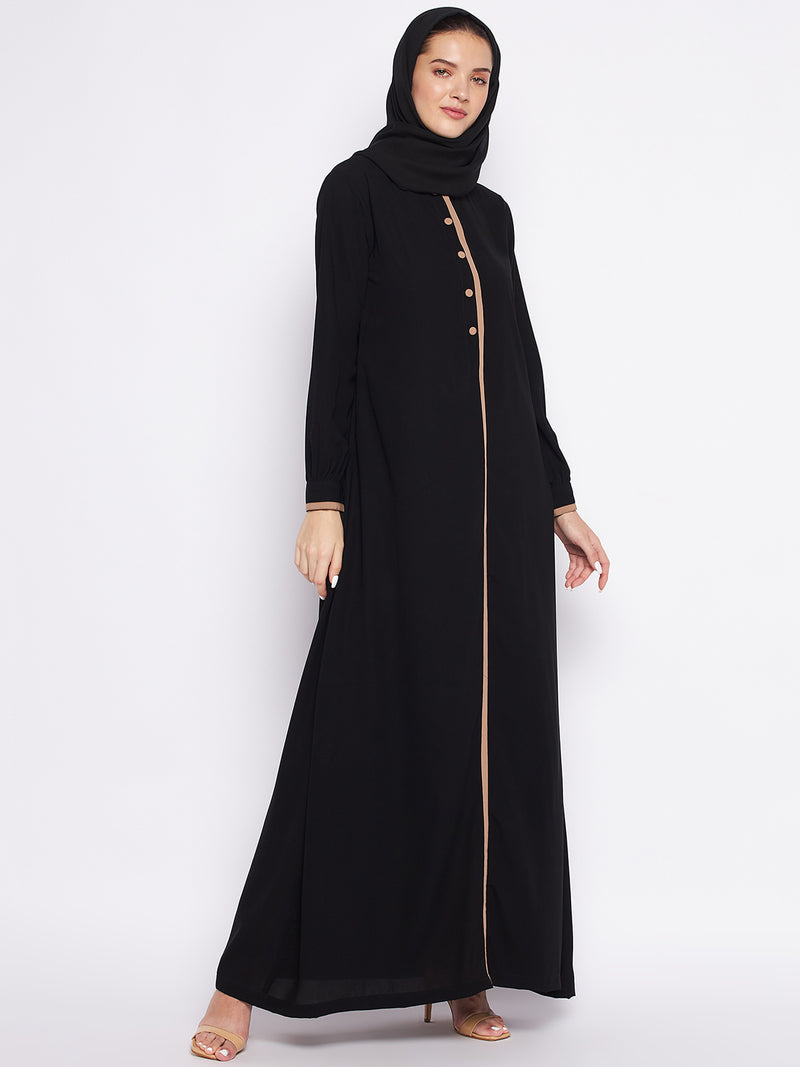 Nabia Black Solid Nida Matte Fabric Abaya For Women With Georgette Scarf