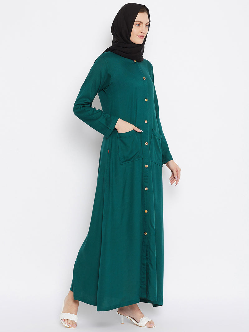 Nabia Women Bottle Green Rayon Front Open Abaya with Georgette Scarf