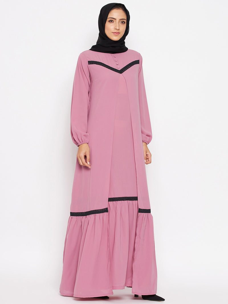 Nabia Women Puce Pink Solid Lace Maxi Abaya Dress With Georgette Scarf