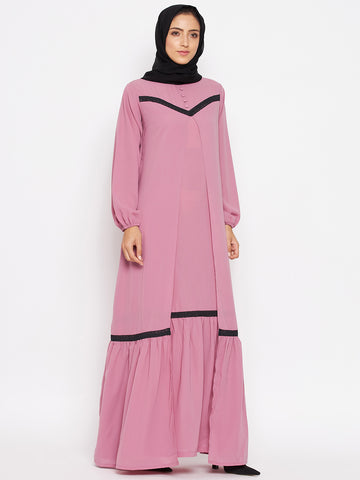 Nabia Women Puce Pink Solid Lace Maxi Abaya Dress With Georgette Scarf