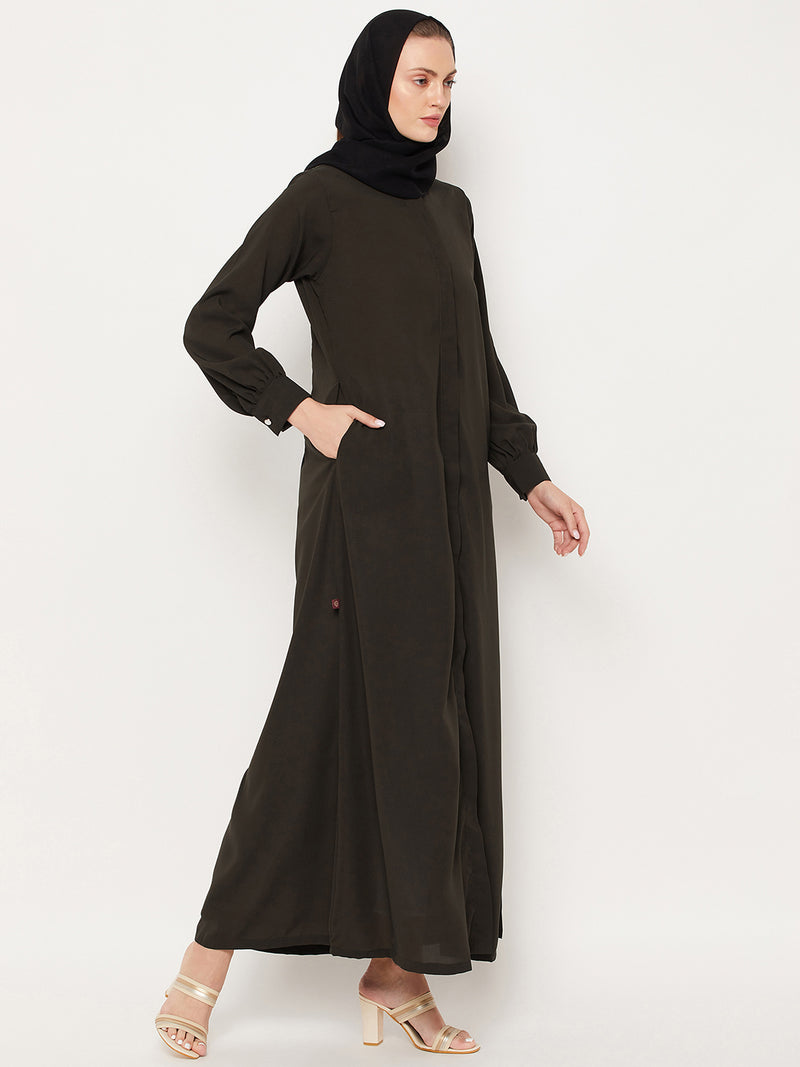 Nabia Olive Green Nida Mate Fabric Front Open  Abaya With Georgette Scarf