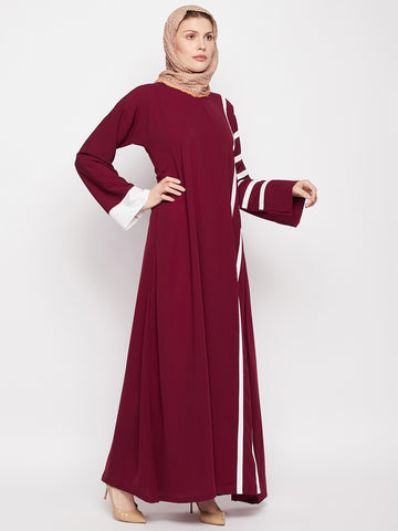 Nabia Women Maroon & White A-line Abaya Burqa with Black Georgette Scarf