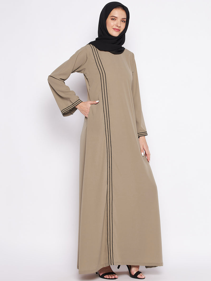 Nabia Beige A-line Nida Matte Fabric Abaya For Women With Georgette Scarf