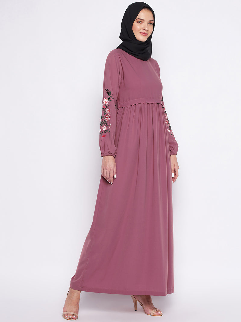 Nabia Puce Pink Nida Matte Fabric Embroidery Abaya For Women With Georgette Scarf