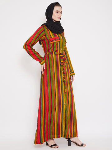 Nabia Women Multi Striped Fabric Rayon Front Open Abaya With Georgette Scarf