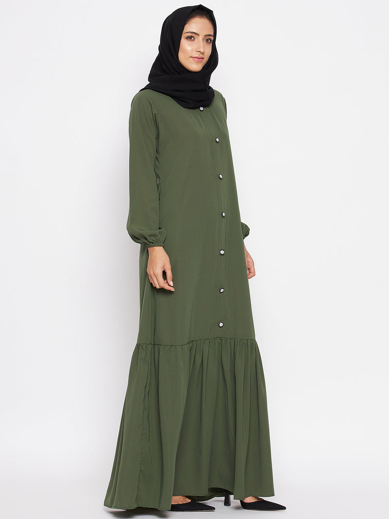 Nabia Women Jade Green Solid Frill Abaya Burqa With Georgette Scarf