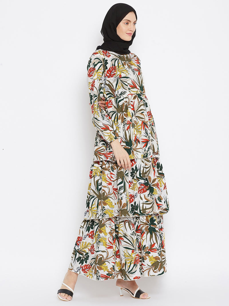 Nabia Women Off White Floral Printed Crepe Three Frill Abaya Dress With Georgette Scarf