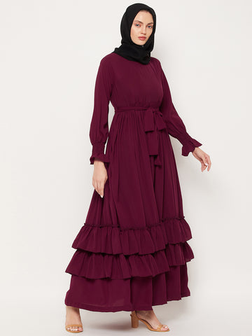 Nabia Maroon Frill Nida Matte Fabric Abaya Dress With Georgette Scarf