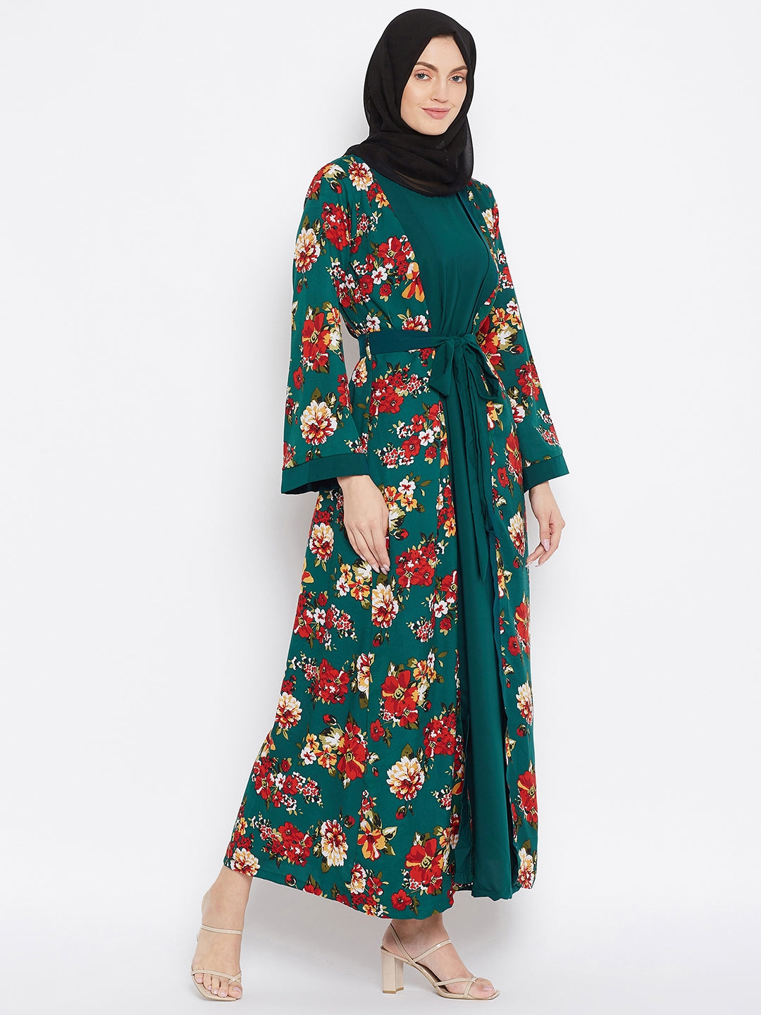 Nabia Women Bottle Green Floral Printed Shrug Attached Casual Abaya With Georgette Scarf