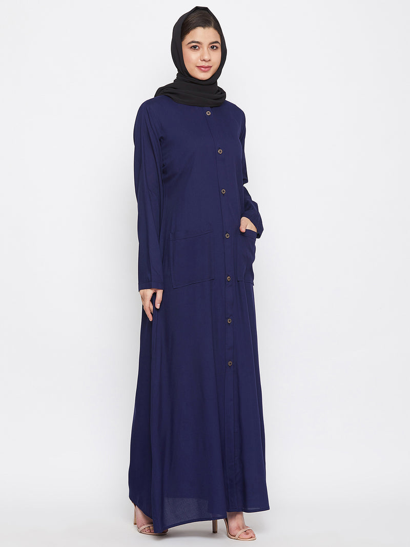 Nabia Women Blue Rayon Front Open Abaya with Georgette Scarf