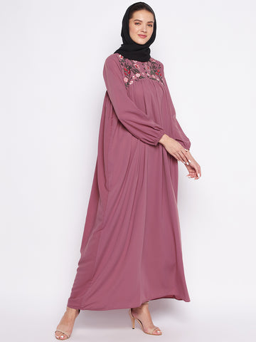 Nabia Puce Pink Nida Matte Fabric Embroidery Abaya For Women With Georgette Scarf
