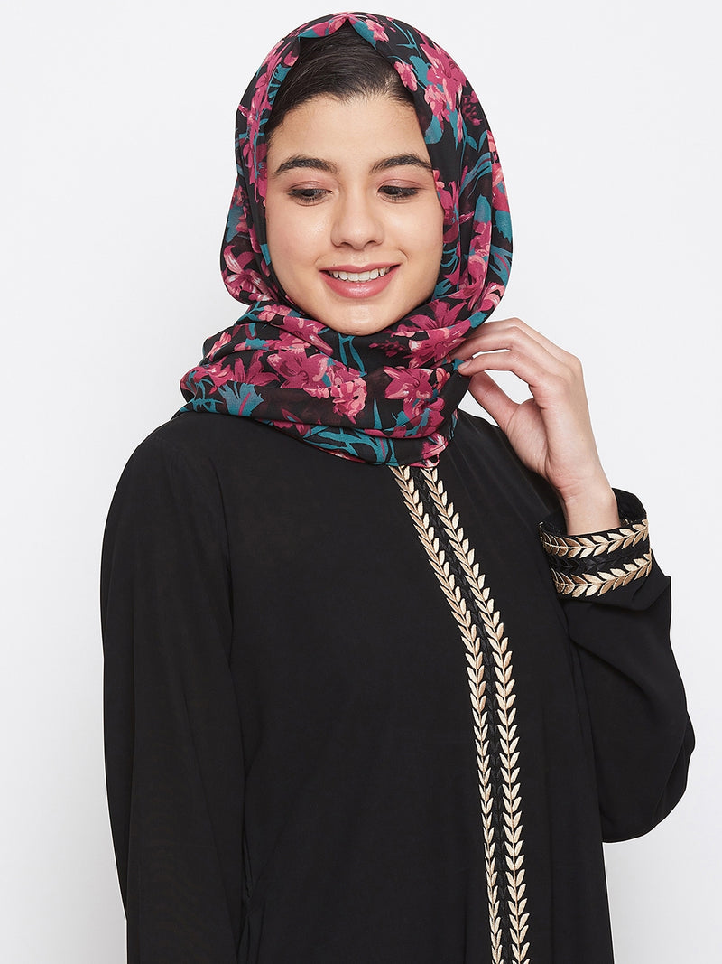 Nabia Women Black Floral Printed Georgette Hijab