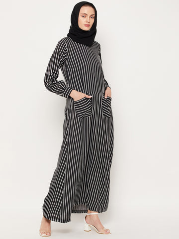 Nabia Black Striped Crepe Women Abaya With Georgette Scarf