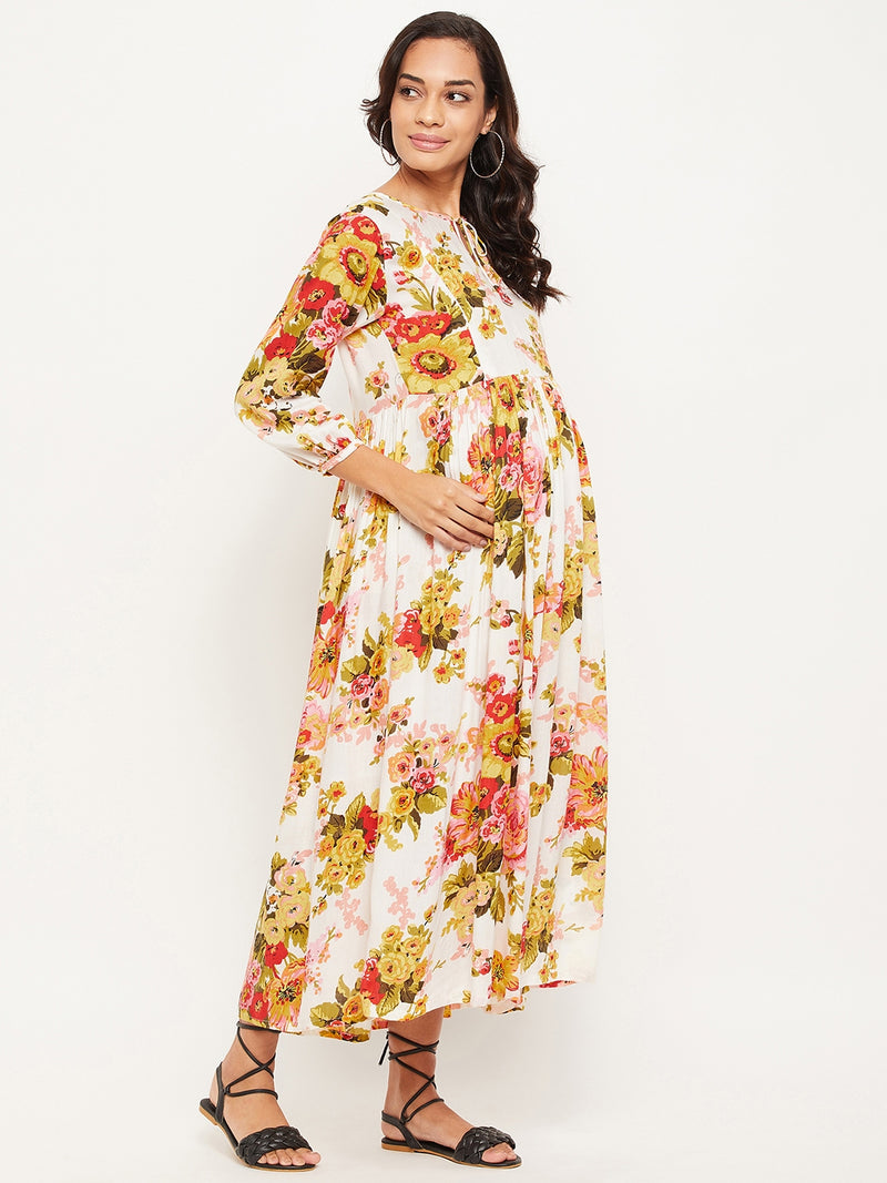 White Floral Printed Maternity Dress for Women