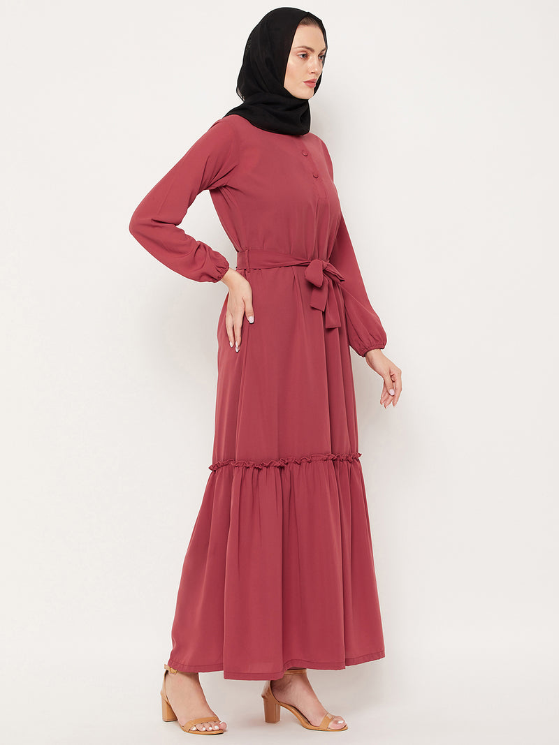 Nabia Rust Nida Matte Fabric Abaya With Georgette Scarf