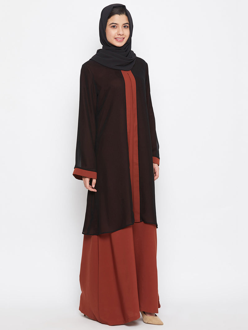 Nabia Women Black & Rust Shrug Attached Nida Matte Abaya With Georgette Scarf