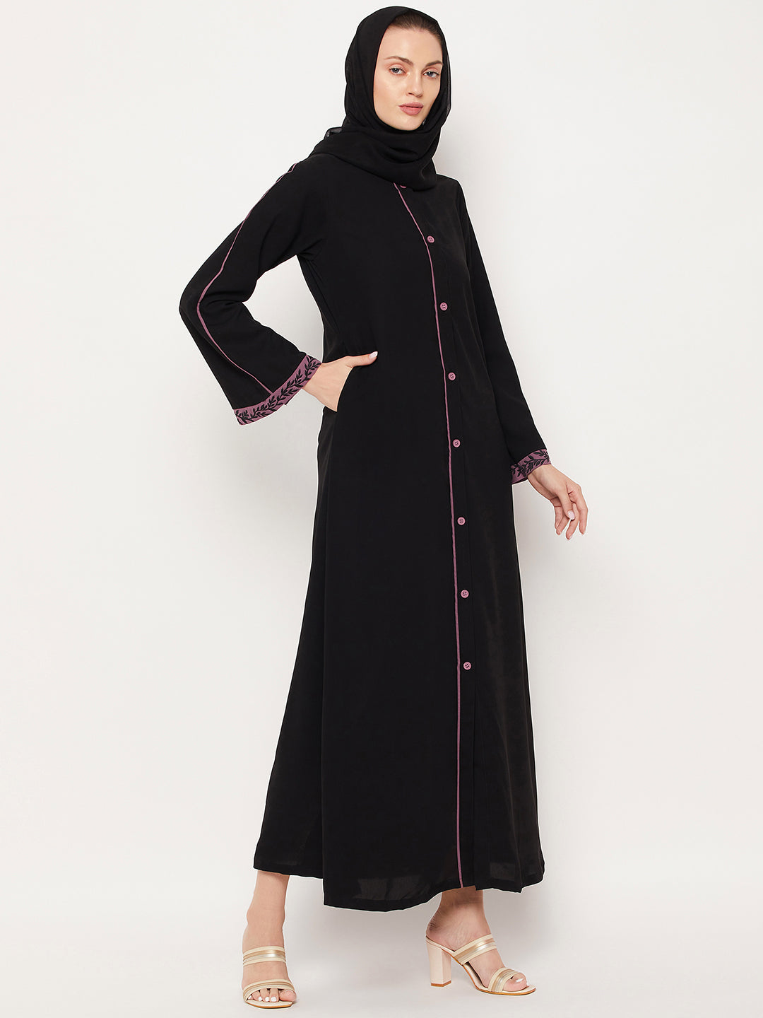 Nabia Black Front Open Embroidery Work Women Abaya with Georgette Scarf