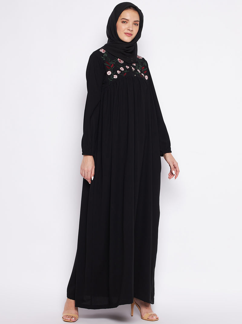 Nabia Black Nida Matte Fabric Embroidery Abaya For Women With Georgette Scarf