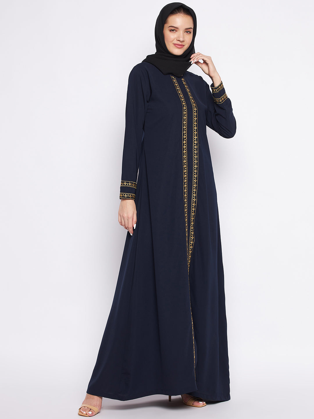 Nabia Blue Solid Nida Matte Fabric Abaya For Women with Georgette Scarf