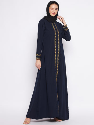 Nabia Blue Solid Nida Matte Fabric Abaya For Women With Georgette Scarf