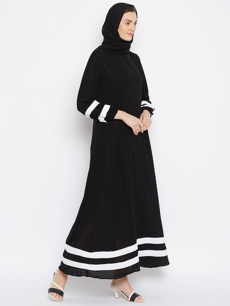 Nabia Women Black & White Solid Nida Matte A line Abaya With Georgette Scarf