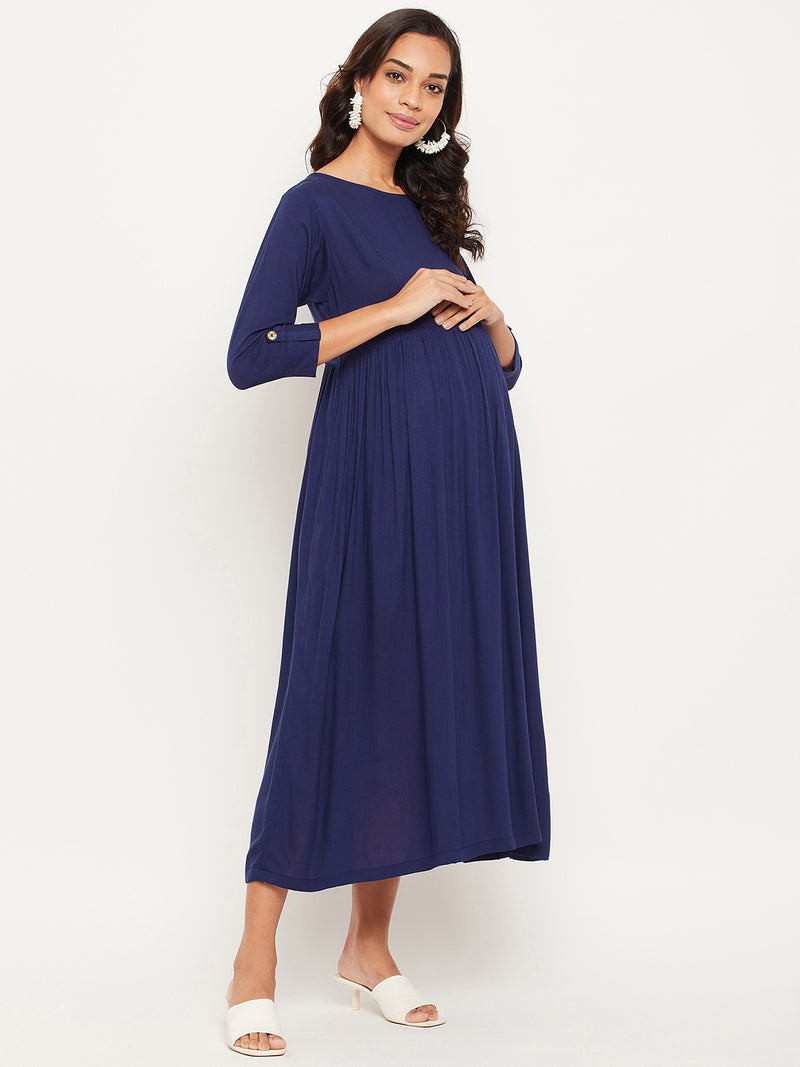 Blue Solid Maternity Dress for Women