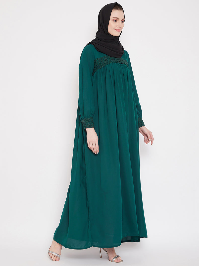 Nabia  Women Green Solid Lace Maxi Abaya Dress Abaya With Georgette Scarf