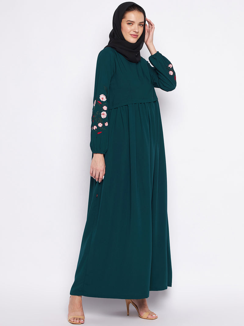 Nabia Bottle Green Nida Matte Fabric Embroidery Abaya For Women With Georgette Scarf