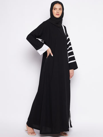 Nabia Black & White A-line Nida Matte Fabric Abaya For Women With Georgette Scarf