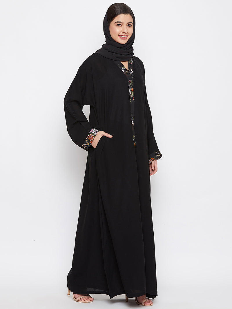 Nabia Women Black Dubai Style Front Open Nida Matte Fabric Abaya with Georgette Scarf
