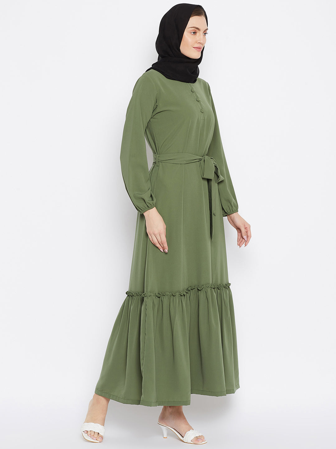 Nabia Women Jade Green Solid Frill Abaya With Georgette Scarf