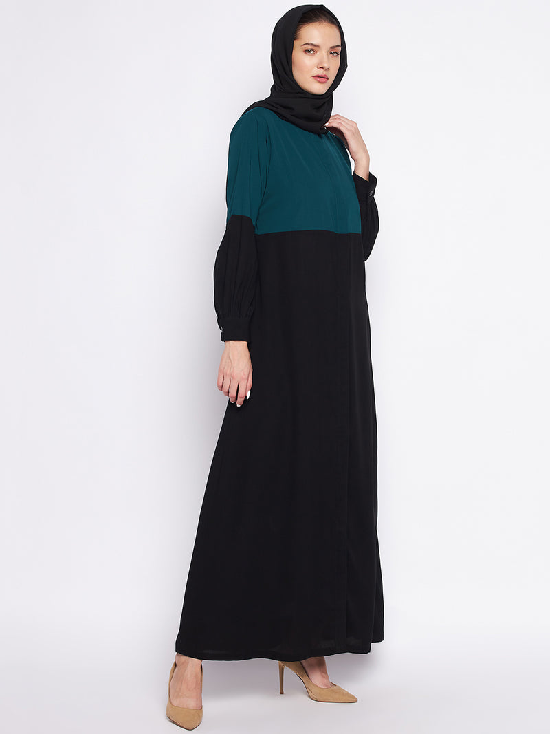 Nabia Bottle Green & Black Nida Matte Fabric Front Open Abaya For Women With Georgette Scarf