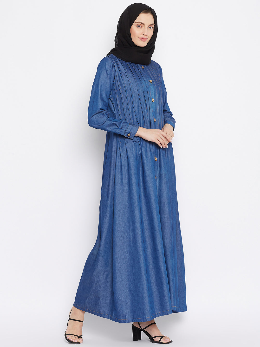 Nabia Women Blue Solid Denim Front Open Abaya Dress With Georgette Scarf